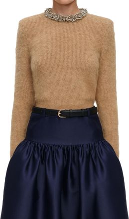 Self Portrait Fitted Beige Sweater with Pearl Embellishments