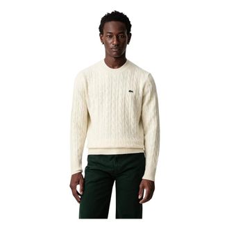 Lacoste Kabelgebreide wollen trui met ronde hals - Heren - Truien - Beige - Maat: XL Wol