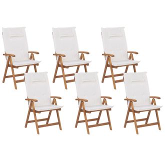 Beliani Conjunto De 6 Sillas De Jard&iacute;n De Madera De Acacia Ajustable Con Cojines Blanco Crema Estilo R&uacute;stico Java