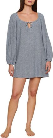Eberjey Linen Blend Long Sleeve Nightgown in Gingham White/Navy at Nordstrom, Size X-Small