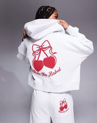 KAIIA Studio - Felpa corta con cappuccio in misto cotone grigio m&eacute;lange e rossa con zip e stampa di ciliegie sul retro in coordinato