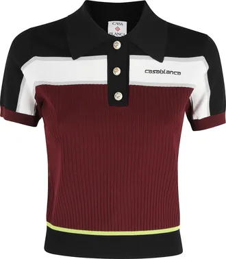 Casablanca Burgundy Striped Ribbed-Neck Logo-Chest Viscose-Blend Polo Shirt