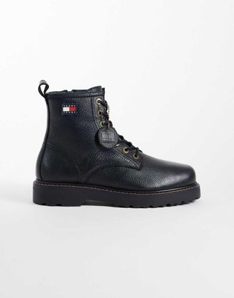 Tommy Jeans archive premium stivali stringati in pelle nera-Nero