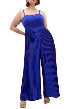 City Chic Pleated Satin Jumpsuit in Cobalt at Nordstrom, Size Xxxs
