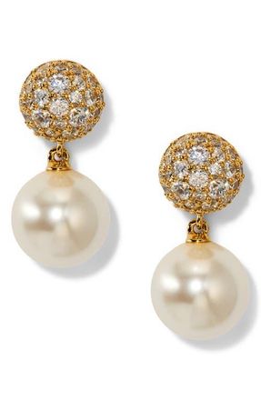 Nadri Pav&eacute; Stone and Imitation Pearl Double Drop Earrings in Gold at Nordstrom