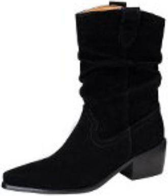 Generic Women Retro Pointed Closed Toe Suede Mid Calf Cowboy Boots Ruched Design Low Block Heels Pull Tab Slip On Comfortable Durable Fashion,Black,9.5 UK