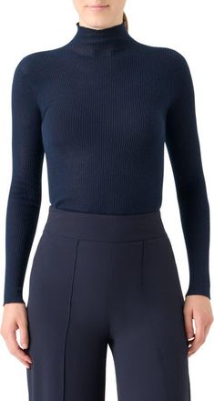 Akris Cashmere & Silk Rib Funnel Neck Sweater in Dark Navy at Nordstrom, Size 14