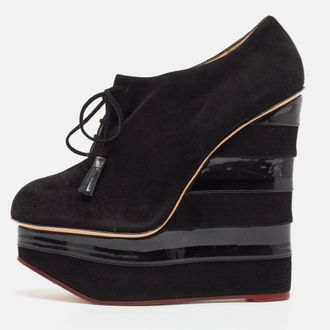 Charlotte Olympia Black Suede And Patent Leather Martha Wedge Booties