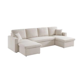 Sweeek Sof&aacute; cama panor&aacute;mico de en tela borreguito, 4 plazas, crema