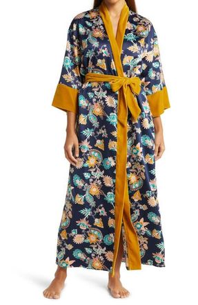 Nordstrom Velveteen Trim Satin Robe in Navy Peacoat Paisley Floral at Nordstrom, Size X-Small