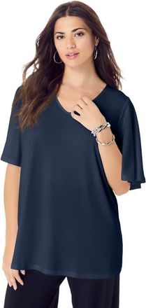 Roaman's Flutter Sleeve Ultrasmooth Fabric Tee in Navy at Nordstrom, Size 24