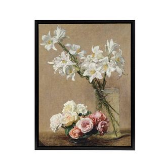 Artery8 Still Life Roses & Lilies Latour Black Framed Canvas Wall Art Print | Size: W24 x H32