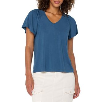 Liverpool L.A. V-Neck Flutter Sleeve Jersey Top in French Blue at Nordstrom Rack, Size X-Small