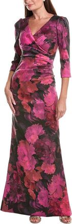 Teri Jon by Rickie Freeman Floral Stretch Mikado Ruched 3/4-Sleeve Gown
