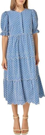 English Factory Scalloped Print Cotton Midi Dress in Blue at Nordstrom, Size X-Small