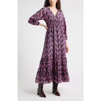 Chelsea28 Tiered Ruffle Long Sleeve Maxi Dress in Navy- Purple Boho Medallion at Nordstrom Rack, Size Xx-Small