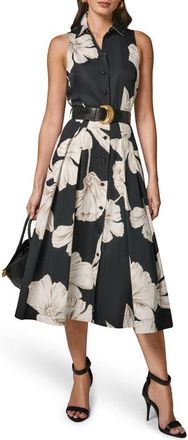 DKNY Floral Sleeveless Stretch Cotton Midi Shirtdress in Black at Nordstrom, Size 12