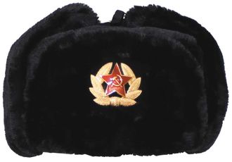 MFH Russian Army Style Winter Cap Warm Trapper Hat Ear Flaps with Badge Black SIZE XS