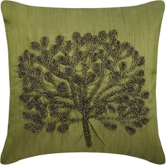 OEM Funda De Almohada Verde, Cuadrada De Seda De 35,5 X 35,5 Cm, Decorada Con Motivos Florales Tropicales Y De &Aacute;rboles Bordados Con Cuentas
