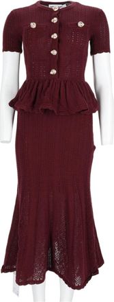 Self Portrait Bordeaux Peplum Button Detail Cotton Midi Dress