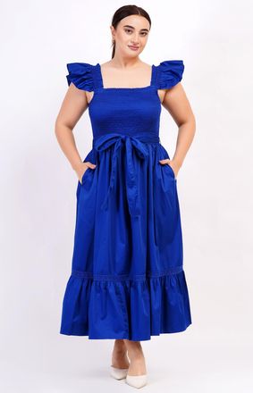 Leota Ivanna A-Line Smocked Midi Dress Solid Mazarine Blue