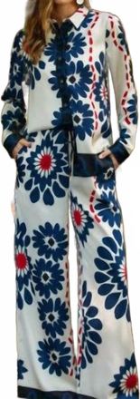 Skies Are Blue Clothing Floral Co-Ord Long Sleeve Button Down Shirt In Ivory + Navy