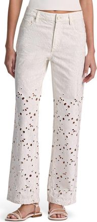 Alice & Olivia Chic High Waist Embroidered Eyelet Jeans in Off White at Nordstrom, Size 28