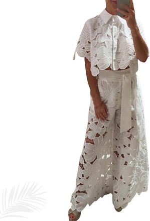 Generic Womens Sexy 2 PCS Button Lace Flowers Shirts Tops Bodycon Wide Leg Pants, Lace Outfits for Women 2 Piece Sets (White,XL)