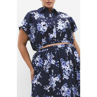 City Chic Vacay Crop Cotton Button-Up Shirt in Amalfi Floral at Nordstrom, Size Xxxs