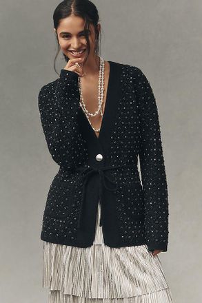 NVLT Sequin-Embellished Belted Knit Blazer Jacket