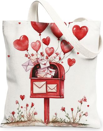 Generic Valentines Day Floral Canvas Tote Bags, Heart Balloons Design Reusable Grocery Bags, Lightweight Washable Shoulder Strap Canvas for Travel Shopping Pi
