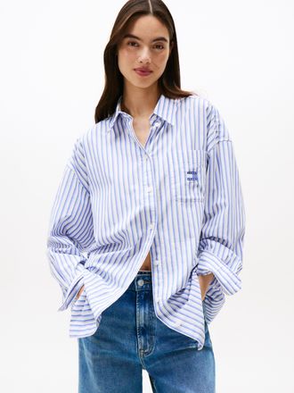 Tommy Jeans Hemdbluse TOMMY JEANS TJW OVS BADGE STRIPE SHIRT, Damen, Gr. S (36), vintage iris, Web, Obermaterial: 100% Baumwolle, gestreift, regular fit normal, B