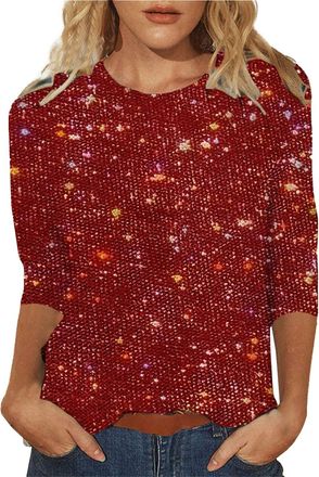 Generic 3/4 Sleeve Glittery Sequin Tops for Women Evening Tops Elegant Smart Long Sleeve T Shirt Sparkly Blouses Casual Sequin Party Tops Night Out Red Top La
