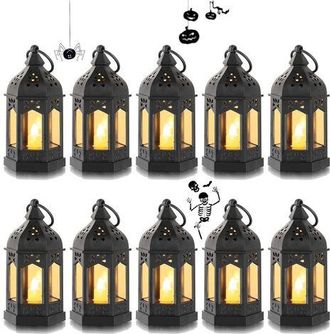 OEM Mini Faroles Led Para Exteriores - Paquete De 10 Faroles Decorativos Negros Para Velas, Ideales Para Halloween, Ramad&aacute;n, Bodas, Navidad Y Decoraci&oacute;n D