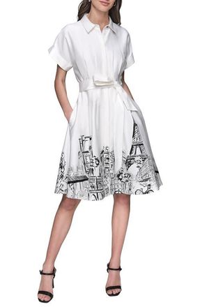 Karl Lagerfeld Print Belted Poplin Shirtdress in Soft White Black at Nordstrom, Size 10
