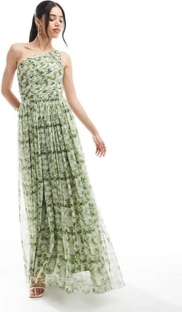 Lace & Beads Bridesmaid one shoulder maxi dress in olive floral-Green