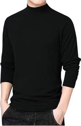Generic Mens Turtleneck Jumper Long Sleeve Crewneck Cotton Pullover Plain Color Versatile Sweatshirt Mock Neck Undershirt Cable Pattern Sweater Breathable Kni