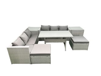 Fimous Rattan Garden Furniture Set 8 Seater Outdoor Sofa Set with Dining Table 2 Side Tables 2 Big Footstools Light Grey Mixed