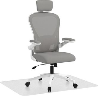 HOMCOM Homcom - Conjunto De Oficina Incluye 1 Silla De Oficina De Malla Con Reposacabezas Y Soporte Lumbar Ajustables Gris Y 1 Alfombra Protectora 90x120 Cm