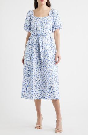 CeCe by Cynthia Steffe Floral Puff Sleeve Cotton Midi Dress in Bellflower Blue at Nordstrom, Size Xx-Large