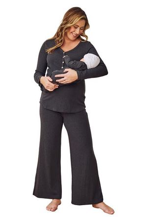 Angel Maternity Isabelle Nursing/Maternity Pajamas & Baby Gown Set in Charcoal at Nordstrom, Size Xx-Large