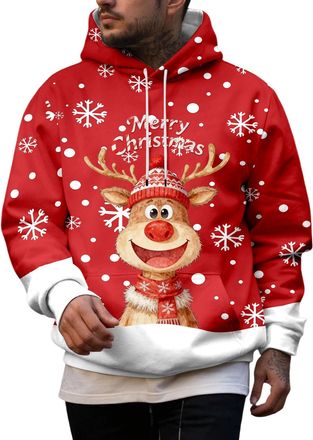 Generic Mens Christmas Hoodie Sweatshirt Funny Christmas Jumpers Mens Christmas Print Hooded Long Sleeve Hoodie Top Santa Festive Sweatshirt Xmas Party Hooded