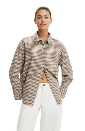 Cotton On Womens Sloane Oversized Shirt in Micro Check Honey Beige Rich at Nordstrom, Size 10
