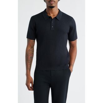 Open Edit Rib Polo Sweater in Black Caviar at Nordstrom, Size Xx-Large