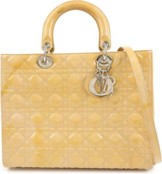 Dior Vintage Lady Dior Cannage Quilt Patent Yellow Patent_Leather Handbag (Pre-Owned)