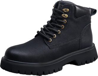 Generic Mens Block Heel Platform Short Boots Lace Up Combat Boots Round Toe PU Leather Biker Boot,Black Velvet Lining,6.5 UK