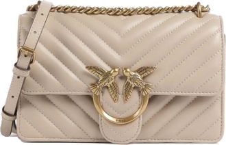 Pinko Love One Shoulder Bag, Beige, Leather, Chevron Quilt Effect, 21 x 13 x 5.5 cm, with Flap Closure, Antique Gold Electroplating