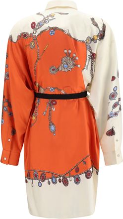 Versace Womens Printed Silk Shirt Mini Dress Orange+white+gold