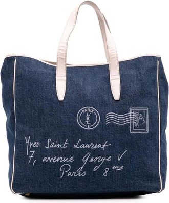 Saint Laurent Pre-owned Tote Bags, female, Blue, Size: ONE SIZE Pre-owned Printed Denim Tote Bag