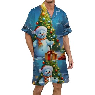 Generic Mens Christmas Printed Silk Satin Pajama Set Short Sleeve Button Up Wear Comfortable Holiday Nightwear for Festive Season (Light Blue, XL)